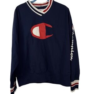 Champion Mens Navy Blue V-Neck Windbreaker Big C Logo Pullover Jacket Small